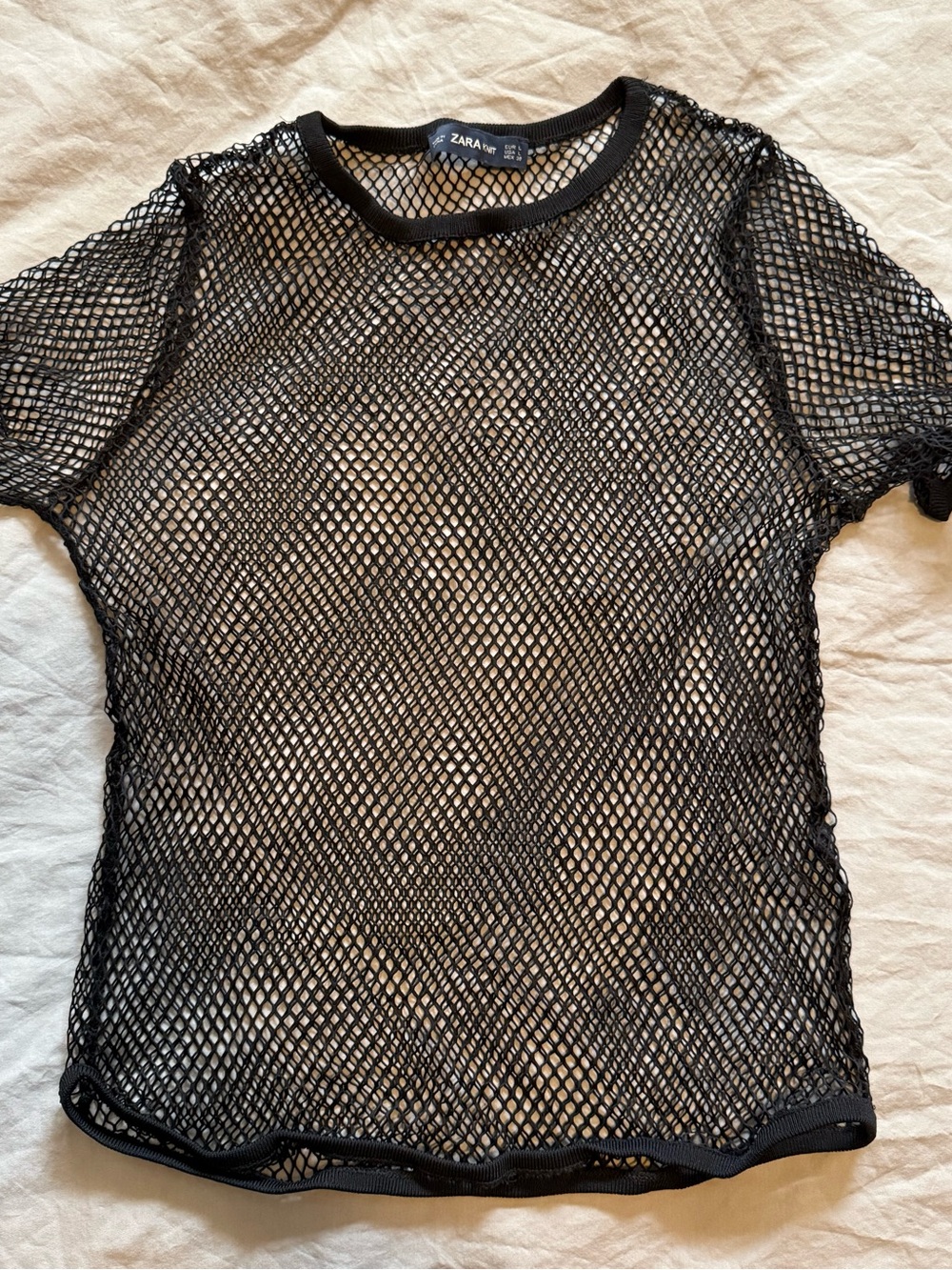 Zara Black Open-Knit Mesh Short Sleeve Tee